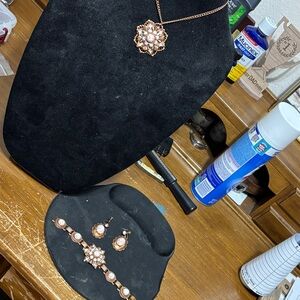 Copper Floral Pearl Necklace, Bracelet & Earrings Set